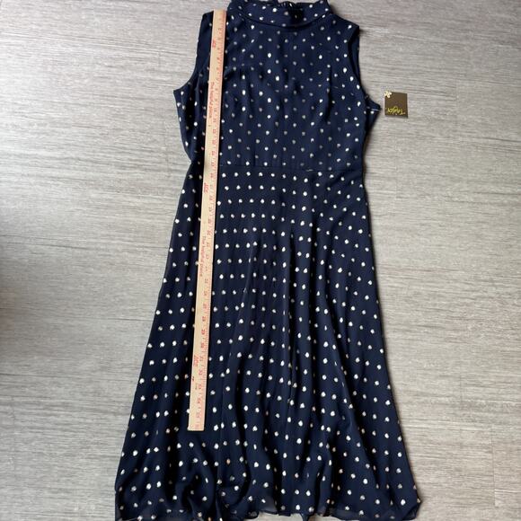 TAYLOR Polka Dot Dress Neck Tie Wrap Sleeveless NWT Women's 10 Blue Midi Lined - Picture 7 of 8